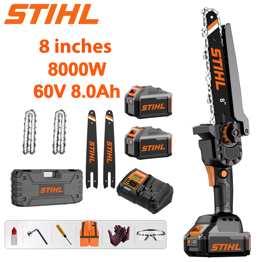 LED power display - (10 hours battery life) 8000W 8-inch carbonless lithium saw + 60V 8.0Ah battery * 2 + charger + guide plate * 2 + chain * 2 + tool box + lubricant + goggles protection, 10 years warranty