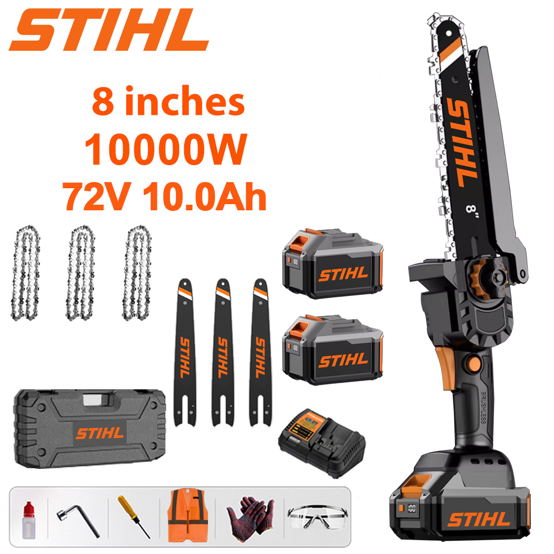 LED power display - (16 hours of battery life) 10000W 8-inch carbonless lithium + 72V 10.0Ah battery * 2 + charger + guide plate * 3 + chain * 3 + tool box + lubricant + goggles , 10 years warranty