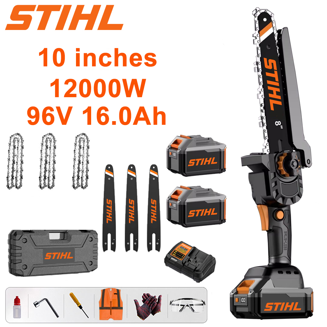 LED power display - (24 hours battery life) 12000W 10-inch carbonless lithium saw + 96V 16.0Ah battery * 2 + charger + guide rod * 3 + chain * 3 + tool box + lubricant + glasses , 10 years warranty