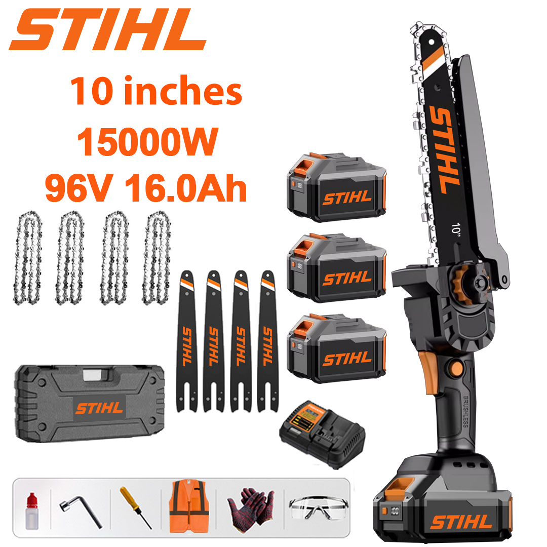 LED power display - (36 hours battery life) 15000W 10-inch carbonless lithium saw + 96V 16.0Ah battery * 3 + charger + guide rod * 4 + chain * 4 + tool box + lubricant + glasses , 10 years warranty